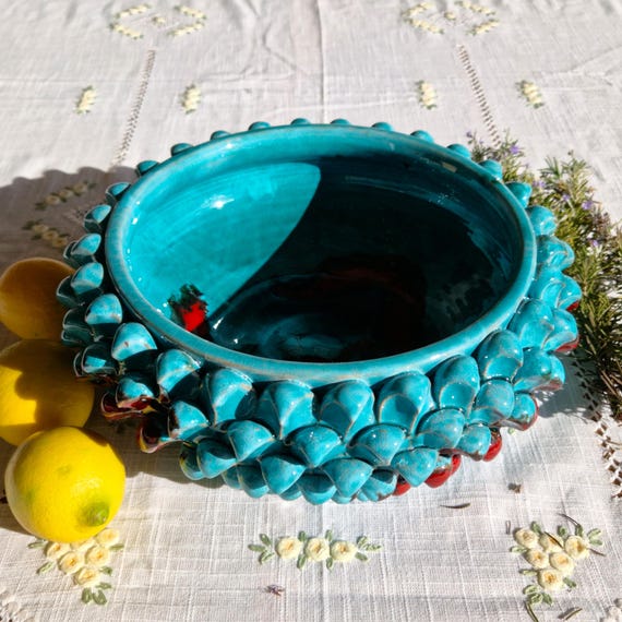 Centerpiece cm 30 bowl Half pine cone Sicilian ceramic Caltagirone Artisan made entirely by hand