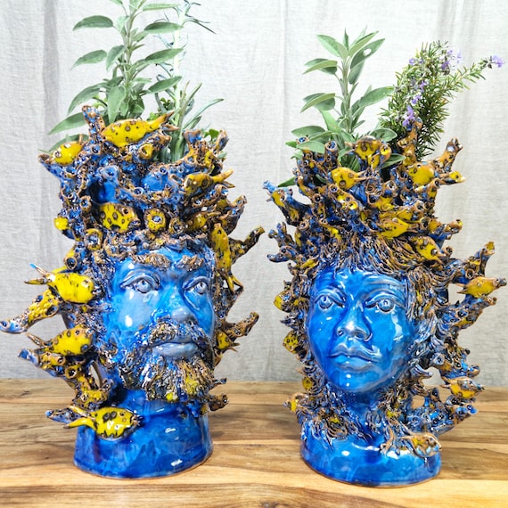 Sicilian ceramic Moor's heads, handcrafted vases, Design, Moor's heads, ceramic heads, vases, plant holders, multi-coloured heads