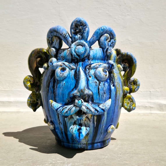 artistic dark brown heads in Sicilian ceramic, vases, Design, dark brown heads, ceramic heads, vases, plant holder, modern head