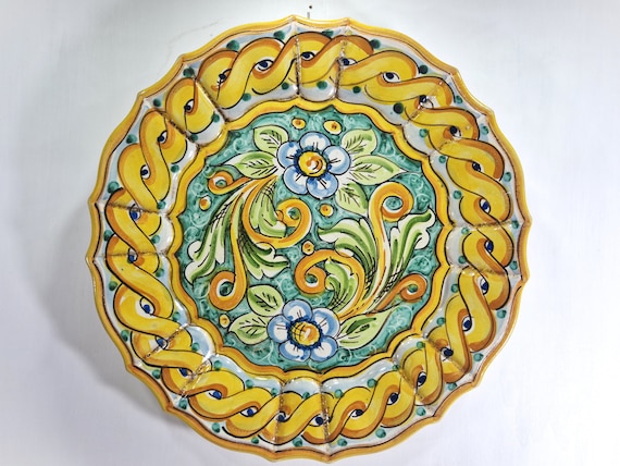 37 cm plate in Sicilian Caltagirone ceramic, wall plate, flat plate, typical Sicilian plate, flat plate, serving plate
