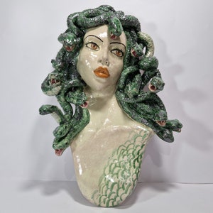 Head Mesusa Gorgona, Sicilian Artisan ceramics, Design, home decoration, artistic vase, dark brown, Snakes