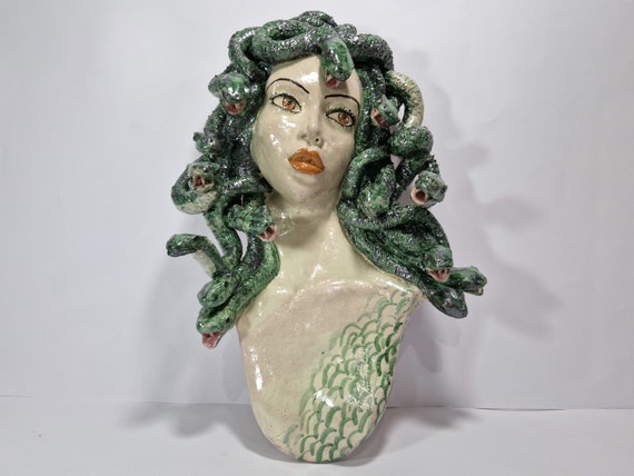 Head Mesusa Gorgona, Sicilian Artisan ceramics, Design, home decoration, artistic vase, dark brown, Snakes