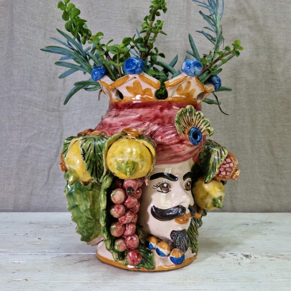h30 double-faced Moor heads, vases, Caltagirone ceramics, Sicilian heads, Sicilian Moors, Sicilian craftsmanship, faces