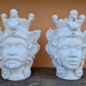 handmade white moor&#39;s heads, vases, Sicilian ceramics, Design, moor&#39;s heads, ceramic heads, vases, plant holders, white heads