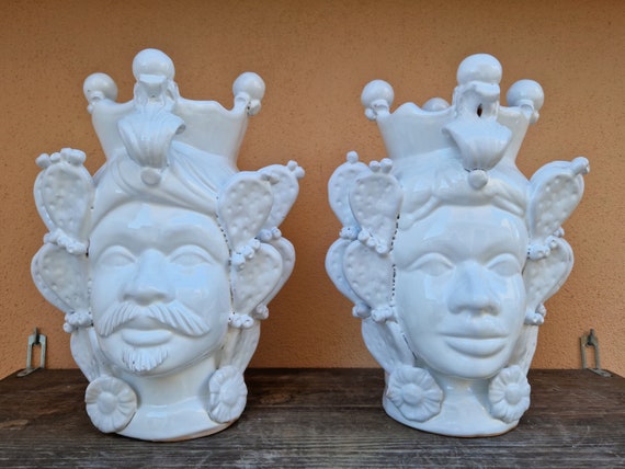 handmade white moor's heads, vases, Sicilian ceramics, Design, moor's heads, ceramic heads, vases, plant holders, white heads