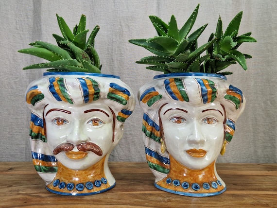 Sicilian Moorish heads, vases, Caltagirone ceramics, Design, home decoration, Sicilian craftsmanship, faces, visages, vases