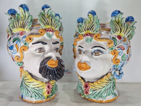 handcrafted Sicilian dark brown heads, vases, Caltagirone ceramics, Design, home decoration, Sicilian craftsmanship, faces, faces, vases
