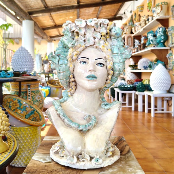 Large female half-bust, Caltagirone ceramic sculpture, handcrafted Sicilian Moorish heads, vases, Caltagirone ceramics.