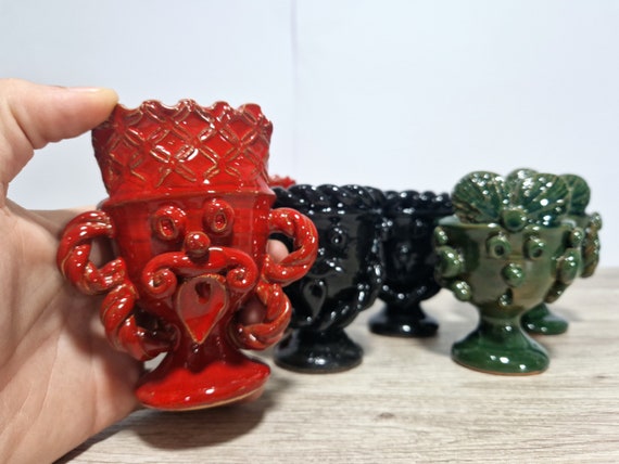 dark brown heads 11 cm modern Sicilian handmade ceramics, modern heads, green, moors' heads, ceramic heads, vases, plant holder,