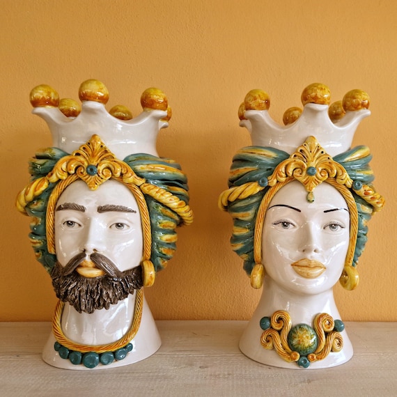 handcrafted Sicilian dark brown heads, vases, Caltagirone ceramics, Design, home decoration, Sicilian craftsmanship, faces, faces, vases