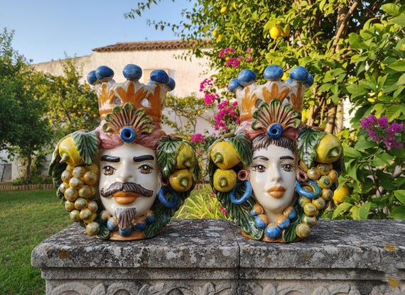 Moor's heads h26, vases, Caltagirone ceramics, Sicilian ceramics, Design, home decoration, handmade, unique pieces, craftsmanship.