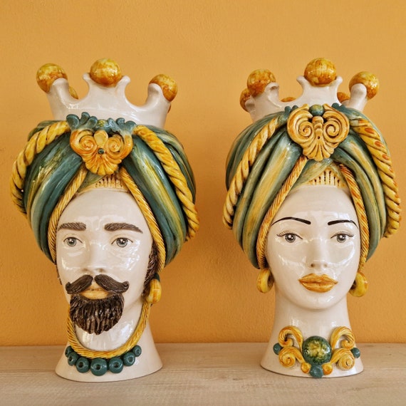 handcrafted Sicilian dark brown heads, vases, Caltagirone ceramics, Design, home decoration, Sicilian craftsmanship, faces, faces, vases