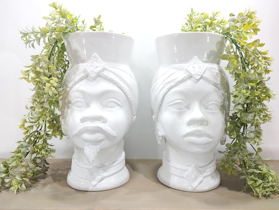 dark brown heads handmade glossy white, vases, Sicilian ceramics, moors' heads, ceramic heads, vases, plant holders, white heads
