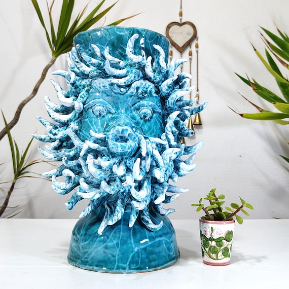 Head of God Aeolus, vases, Sicilian artisan ceramics, design, home decoration, artistic vase, Moor's head, god of the winds