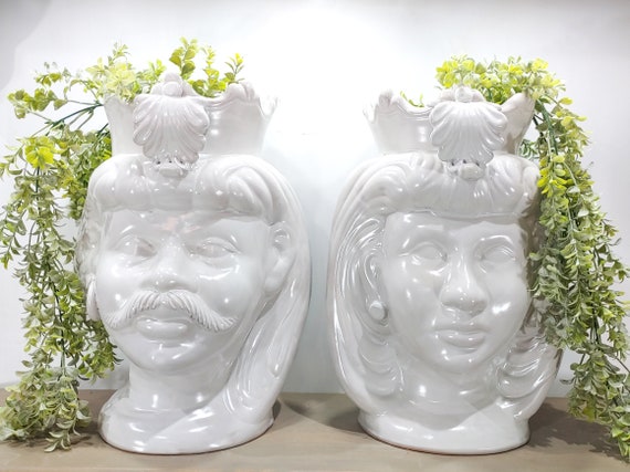 hand-made dark brown heads antique ivory, vases, Sicilian ceramics, moorish heads, ceramic heads, vases, plant holder, white heads
