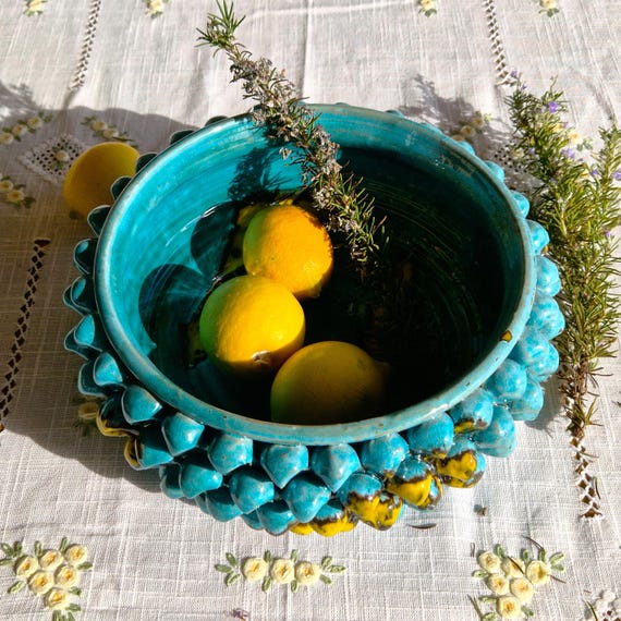 Centerpiece cm 30 bowl Half pine cone Sicilian ceramic Caltagirone Artisan made entirely by hand