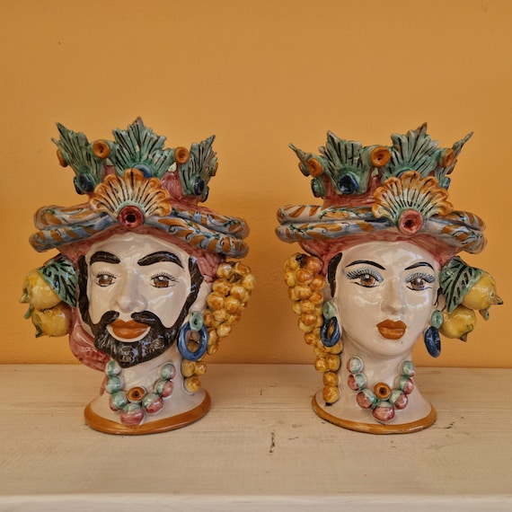 handcrafted Sicilian dark brown heads H33, vases, Caltagirone ceramics, Design, home decoration, Sicilian craftsmanship, faces, faces, vases