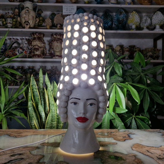 Large Perforated Moor's Head Lamp in Sicilian artisan ceramic, Moor's Heads, Caltagirone, Ceramic Lamps, Perforated lamps