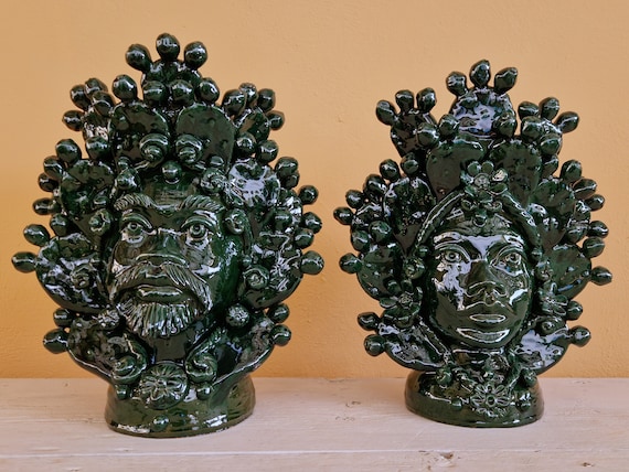 handcrafted Sicilian ceramic dark brown heads, vases, Design, dark brown heads, ceramic heads, vases, plant holders, green heads