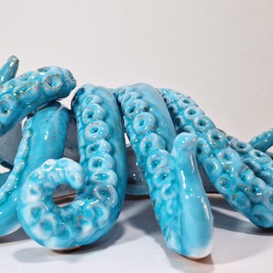 May include: A ceramic octopus sculpture with blue and white glaze. The octopus has eight tentacles with textured details.