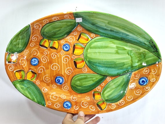 oval plate 48 cm in Sicilian ceramic, wall plate, oval plate, plate with prickly pears, Mediterranean plate, serving plate
