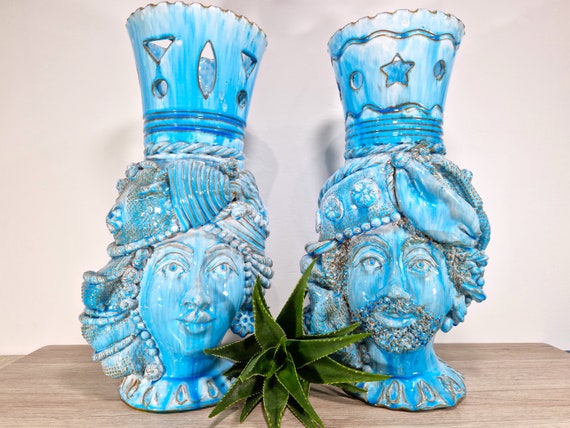 giant dark brown heads 52 cm in Sicilian handmade ceramics, modern heads, moors, ceramic heads, vases, plant holder,