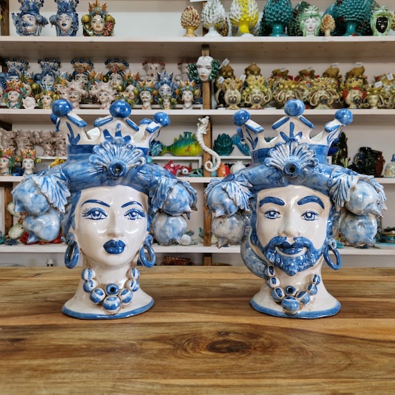 Sicilian Moorish heads handcrafted H33, vases, Caltagirone ceramics, Design, home decoration, , Sicilian craftsmanship, faces, visages, vases