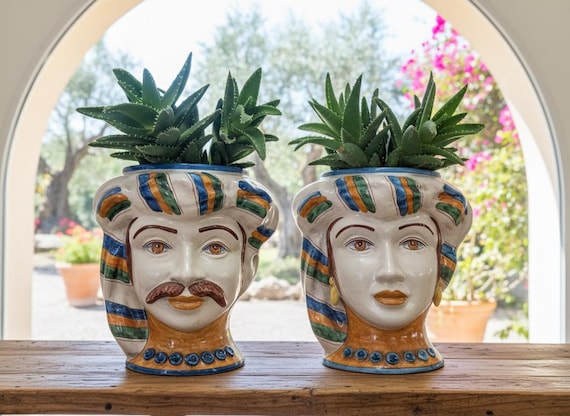 Sicilian Moorish heads, vases, Caltagirone ceramics, Design, home decoration, Sicilian craftsmanship, faces, visages, vases