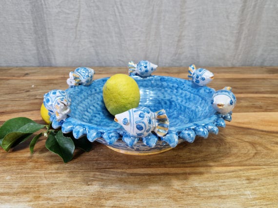 Caltagirone handcrafted ceramic centerpiece with fish, centerpiece, handcrafted ceramic, artistic ceramic, pocket emptier