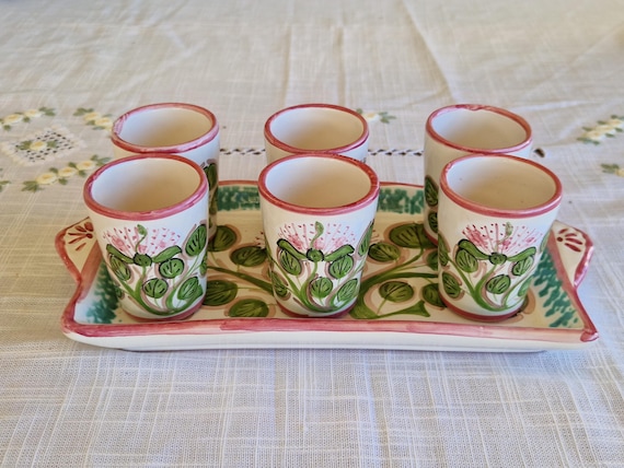Set of cups and tray in handcrafted Sicilian ceramic with Salina Caper Flower decoration, Aeolian ceramic.