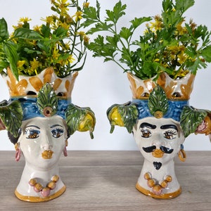 Moor&#39;s heads h 18, vases, Caltagirone ceramics, Sicilian ceramics, Design, home decoration, handmade, unique pieces, craftsmanship.