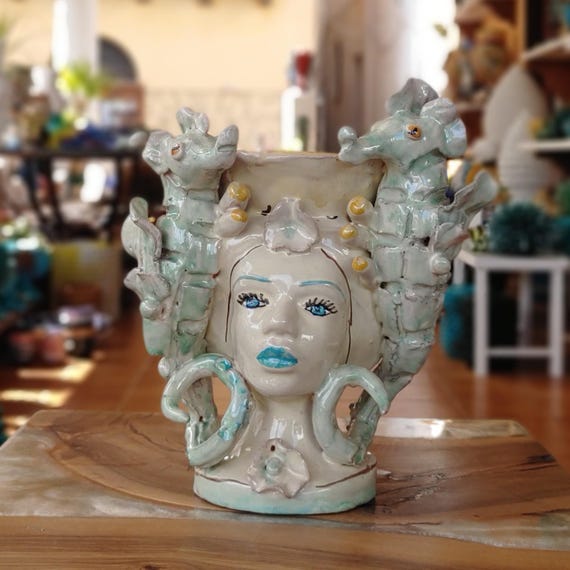 Head Goddess Aphrodite, vases, Sicilian artisan ceramics, Design, home decoration, artistic vase, Moor's head, Sicilian craftsmanship