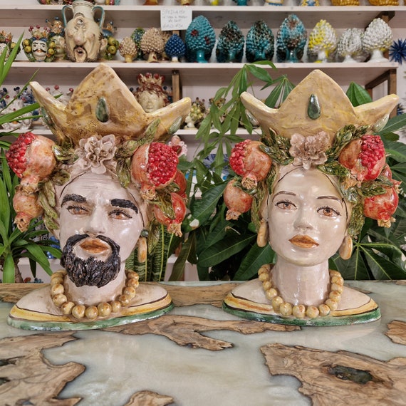 handcrafted Sicilian Moor heads, vases, Caltagirone ceramics, Sicilian craftsmanship, face, face, vases