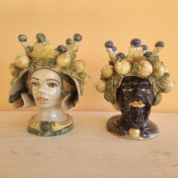 handcrafted Sicilian dark brown heads h20, vases, Caltagirone ceramics, Design, home decoration, Sicilian craftsmanship, faces, vases.
