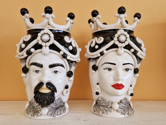 handcrafted Sicilian dark brown heads, vases, Caltagirone ceramics, Design, home decoration, Sicilian craftsmanship, faces, faces, vases