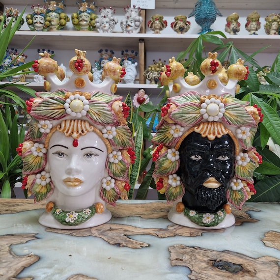 handcrafted Sicilian dark brown heads, vases, Caltagirone ceramics, Design, home decoration, Sicilian craftsmanship, faces, faces, vases