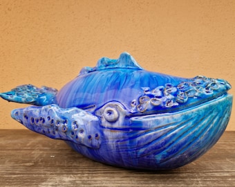 ceramic whale, blue whale, unique piece, Sicilian handicrafts, handmade, home decoration, vivid colors, handmade whale