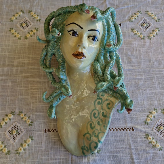 Mesusa Gorgona head, Sicilian artisan ceramic, Design, home decoration, artistic vase, dark brown head, snakes