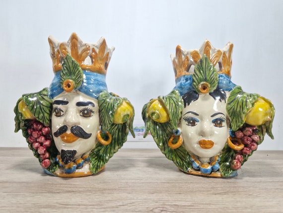 handcrafted Sicilian dark brown heads H22cm, vases, Caltagirone ceramics, home decoration, Sicilian craftsmanship, faces, faces, vases