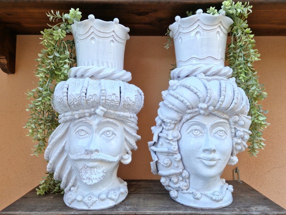 giant dark brown heads 50 cm in Sicilian handmade ceramics, modern heads, moors, ceramic heads, vases, plant holder,