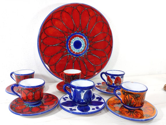 coffee service for 6 in handcrafted Sicilian ceramic, Aeolian ceramic, red ceramic, ceramic, cups, saucer and plate