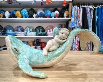 Whale with angel in Sicilian ceramic handcrafted, sculpture, fantasy, whale, sea, saint, Angel, putto, angel, capidoglio