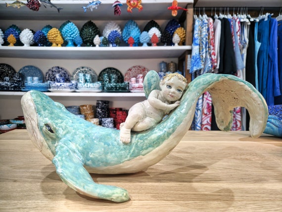 Whale with angel in Sicilian ceramic handcrafted, sculpture, fantasy, whale, sea, saint, Angel, putto, angel, capidoglio