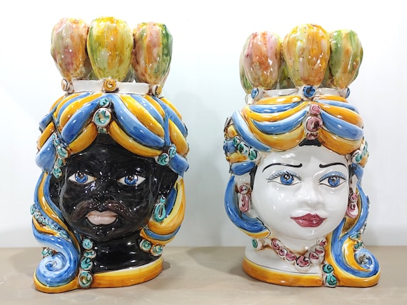 Sicilian handcrafted dark brown heads of Caltagirone antique ivory, vases, Sicilian ceramics, home decoration, handmade, Sicilian heads