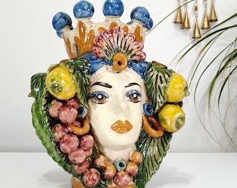 シチリアの手作りムーア人の頭部、高さ22cm、花瓶、カルタジローネ陶器