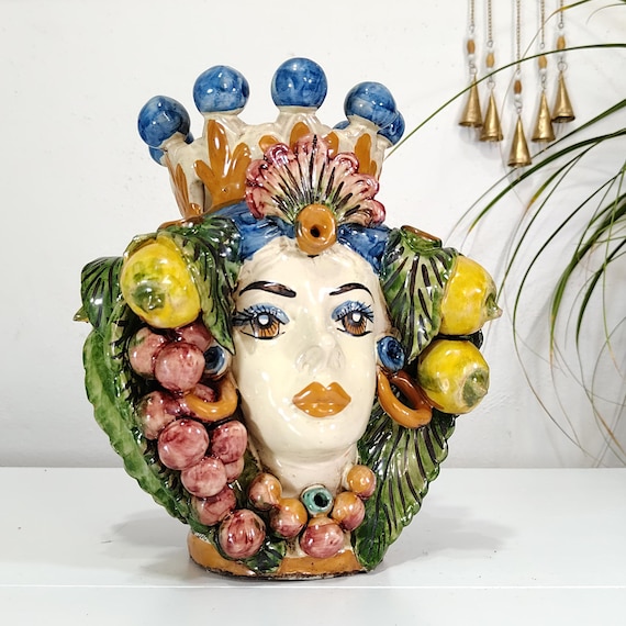 Moorish heads h25 double-faced, vases, Caltagirone ceramics, Sicilian heads, Sicilian Moors, Sicilian craftsmanship, faces