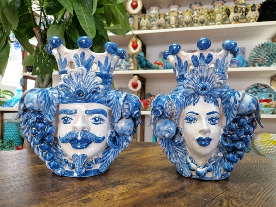 Moor's heads h26, vases, Caltagirone ceramics, Sicilian ceramics, Design, home decoration, handmade, unique pieces, craftsmanship.