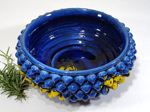 30cm Half Pine Cone Bowl Centerpiece, Sicilian Caltagirone Ceramic, Artisan, Made Entirely by Hand