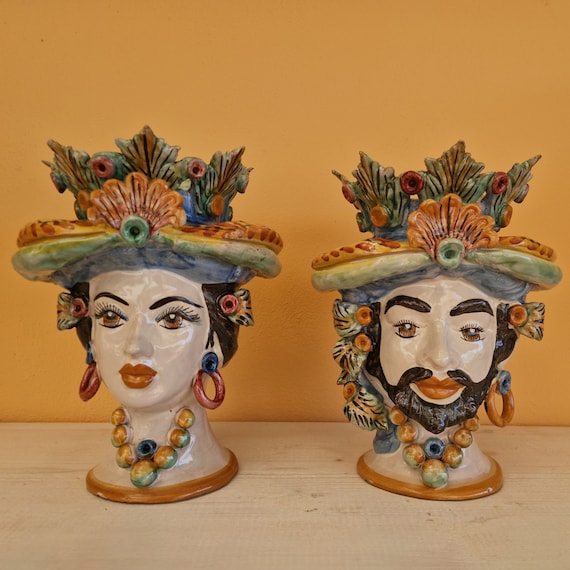 handcrafted Sicilian dark brown heads H33, vases, Caltagirone ceramics, Design, home decoration, Sicilian craftsmanship, faces, faces, vases