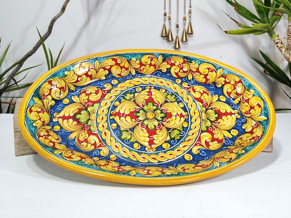 50 cm large oval plate in Sicilian artisan ceramic from S. Stefano di Camastra, antique plate, cup, tray